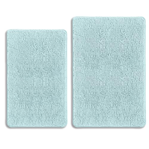 Aqua Bathroom Rugs Sets 2 Piece – Absorbent and Washable Bath Mat, Non-Slip, Thick Soft Chenille Bath Rugs for Bathroom Floor, Shower, Sink - 20" x 32"+24" x 36" - color: Aqua, size: 24"x36" and 20"x32"