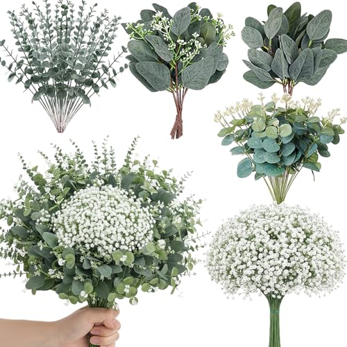Mixed Eucalyptus Leaves Stems Bulk Artificial Silver Dollar Leaves Picks Dried Eucalyptus Bundle Faux Spray for Wedding Vase Bouquet Decor (120, Green/White) - color: Green/White