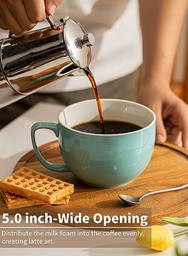 Teocera 24 oz Soup Bowls with Handles, Porcelain Large Coffee Mug Set, Jumbo Mugs, Soup Bowls Mugs set of 4 for Coffee, Oatmeal, Stew - Striped Design, Turquoise - color: Turquoise
