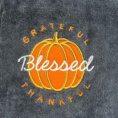 Harvest Fall Hand Towels for Bathroom: Plush Gray Grey Embroidered Grateful Thankful Blessed Orange Pumpkin Design for Bath, 100% Cotton, 16" x 25" Inches, Oeko-TEX Certified - color: Grateful