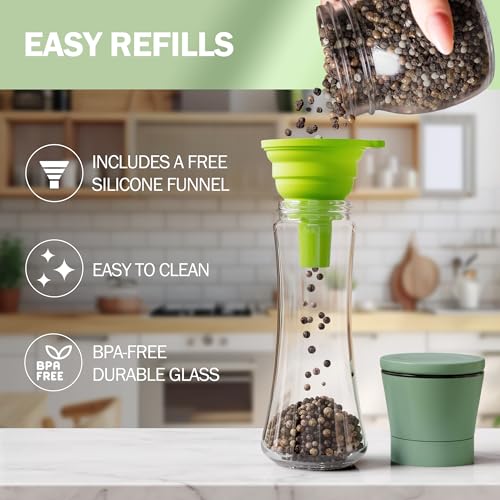 Home EC Premium Green Sea Salt and Pepper Grinder Set of 2 - Adjustable Ceramic - Tall Glass Salt and Pepper Shakers - Kitchen Pepper Mill & Salt Mill W/Funnel & EBook - color: Green Cap/Clear Glass, size: 2pk