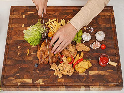 Acacia End Grain Wood Cutting Board 24x18x2 In Thick Butcher Block | Wooden Cutting Boards for Kitchen with Deep Juice Groove Thick End Grain Wooden Butcher Block Built-in Handle, Non-Slip Mat - size: 24"L x 18"W