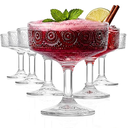 Pumtus Set of 6 Vintage Coupe Glasses, 7 OZ Embossed Martini Glass, Floral Fluted Cocktail Glasses, Unique Clear Margarita Cup, Romantic Drinking Glassware for Cocktail Wine Champagne
