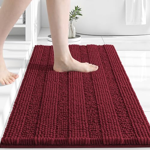Grandaily Chenille Striped Bathroom Rugs 24x16, Extra Thick and Absorbent Bath Mats, Non-Slip Soft Plush Shaggy Shower Carpet, Machine Wash Dry, Bath Rug for Bathroom, (Small, Burgundy) - color: Burgundy, size: 24" X 16"