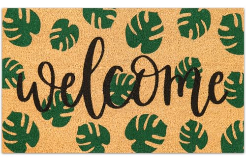 JarThenaAMCS Tropical Coir Doormat Summer Hawaiian Welcome Floor Mat Green Natural Palm Leaf Non-Slip Entrance Door Rugs for Indoor Outdoor Home Bathroom Decor, 16.5 x 29 Inch