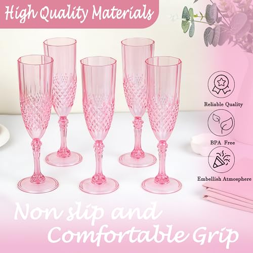 12 Pack Plastic Champagne Flutes, Pink Reusable Champagne Glass | Unbreakable Hard Plastic Mimosa Cups Bulk with Stem, Fancy Stemware for Wedding, Party & NYE Celebration - color: Pink