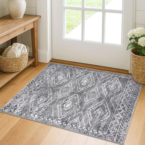 KILOCOCO Entryway Rug 2x3 Washable Indoor Door Mat Non Slip Small Rug, Grey | Non Slip Throw Rugs whith Rubber Back, Printed Geometric Kitchen Rug, Soft Entry Rug for Bedside Entrance, Thin Accent Rugs - color: Grey, size: 2' x 3' (Rectangular)