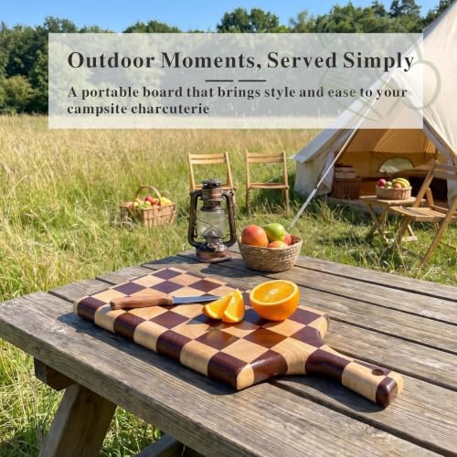 Checkered Wooden Cutting Board with Handle | 15" x 7" x 1" Thick | Acacia & Rubber Wood | Cheese & Charcuterie Serving Board | Meat, Bread, Fruit & Vegetable Prep - color: Checkered Paddle