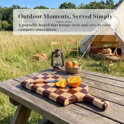 Checkered Wooden Cutting Board with Handle | 15" x 7" x 1" Thick | Acacia & Rubber Wood | Cheese & Charcuterie Serving Board | Meat, Bread, Fruit & Vegetable Prep - color: Checkered Paddle