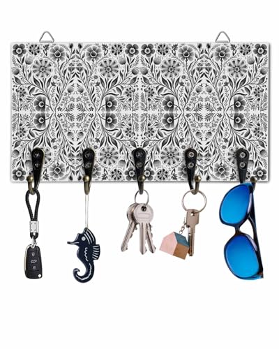 Key Holder for Wall Vintage Abstract Floral Decorative Hanging Key Rack Wall Mount with 5 Hooks Black Ethnic Texture Organizer Wall Decor for Entryway Front Door Kitchen 9.4x5in