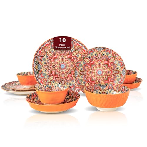 Boho 10 Pieces Dinnerware Sets, Plates and Bowls Set, Porcelain Dishes Set for 2, Microwave and Dishwasher Safe, Scratch Resistant, Bohemian Style Dining Ware, Orange - color: Orange