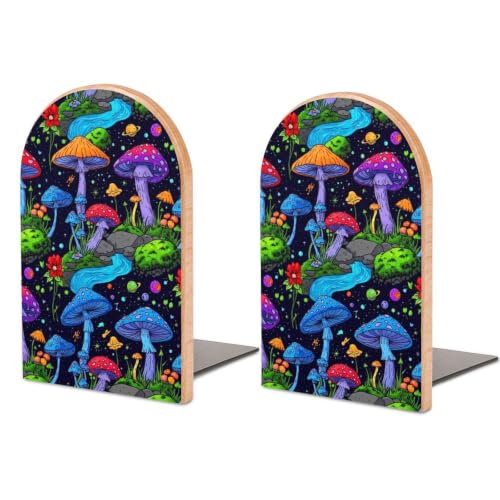 Wood Bookends with Metal Base Heavy Duty Bookend, Mushroom Hippie | Decorative Book Ends, Non-Skid for Bookshelf Home Decoration, 1 Pair - color: Style(631)