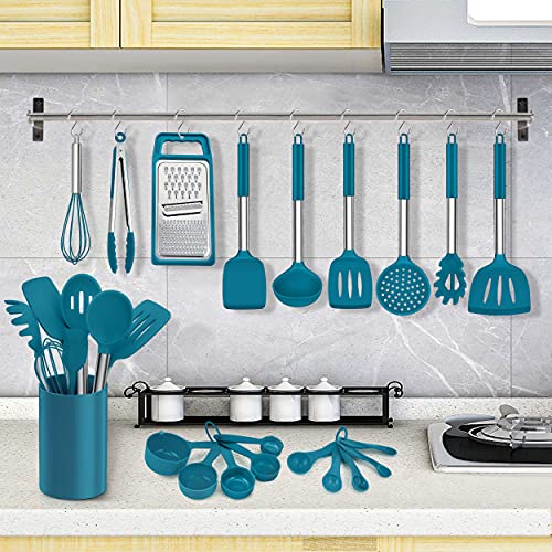 LIANYU 27 PCS Kitchen Utensils Set with Holder, Silicone Cooking Utensils Spatula Set with Stainless Steel Handle, Kitchen Cooking Gadgets Tools for Nonstick Cookware Set, Heat Resistant, Blue - color: Blue
