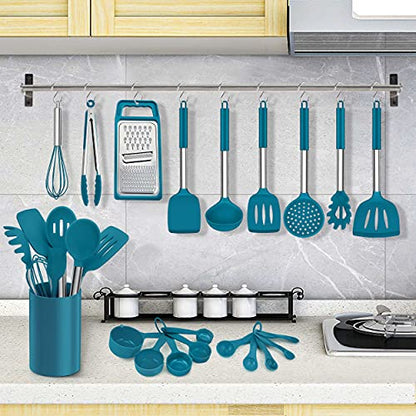 LIANYU 27 PCS Kitchen Utensils Set with Holder, Silicone Cooking Utensils Spatula Set with Stainless Steel Handle, Kitchen Cooking Gadgets Tools for Nonstick Cookware Set, Heat Resistant, Blue - color: Blue