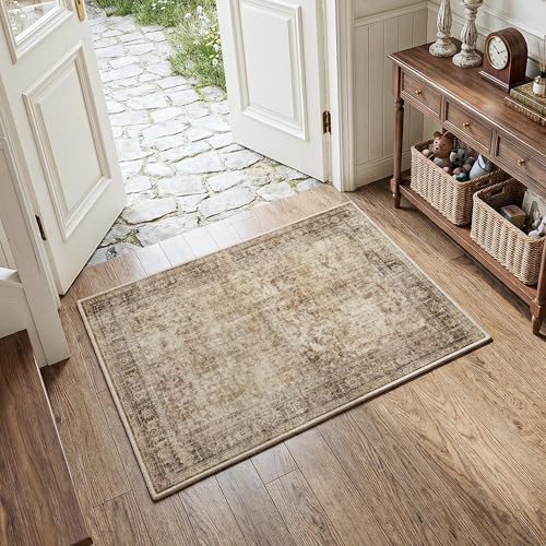 FMFUNCTEX 2x3 Washable Brown Vintage Distressed Small Area Rug for Entryway | Oriental Non Slip Low Pile Indoor Thin Soft Throw Rug Bedroom Kitchen Bathroom Laundry Entry Entrance Traditional Door Mat - color: Brown, size: 2' x 3' (Rectangular)