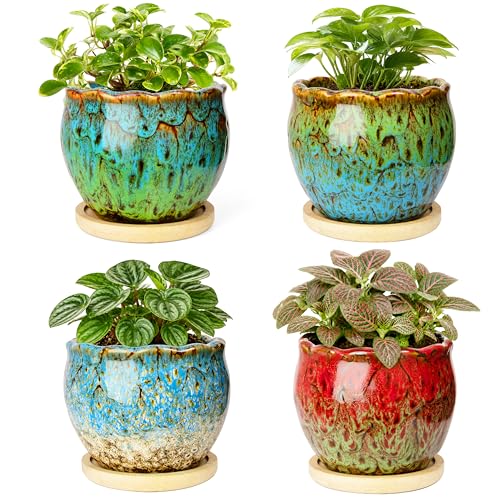 ARTKETTY Succulent Pots, 4 Inch Plant Pots with Drainage Tray | Small Ceramic Pots for Indoor Plants Set of 4, Round Flower Pots, Decorative Home Garden Window Sill - color: 4'' Colorful 1