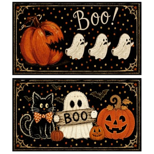 Halloween Boo Door Mat Outdoor Indoor Set of 2, Ghost and Evil Pumpkin Front Doormats Non Slip, Halloween Welcome Door Rug Decorative Entryway Floor Indoor Outdoor(16 X 28 Inches) - color: Halloween Boo