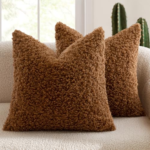MIULEE Decorative Faux Fur Pillow Covers Sherpa 18x18 Bronze | Set of 2 Fuzzy Accent Fall Couch Throw Pillows, Soft Sheepskin Fleece Pillowcases, Home Decor Sofa Livingroom Bed - color: Bronze, size: 18" x 18" (Pack of 2)