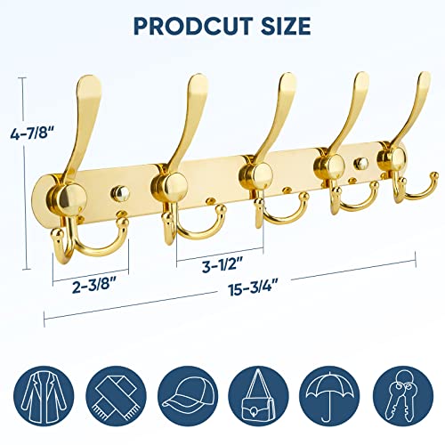 TICONN Wall Mounted Coat Rack, Five Heavy Duty Tri Hooks All Metal Construction for Jacket Coat Hat in Mudroom Entryway (Gold, 1-Pack) - color: Gold