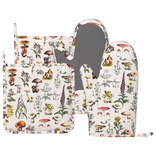 Vintage Botanical Oven Mitts and Pot Holders Set Silicone Heat Resistant Plants Herbs Mushroom Kitchen Gloves Set Nature Floral Kitchen Mittens Pot Holders for BBQ Cooking Baking Grilling - color: Beige