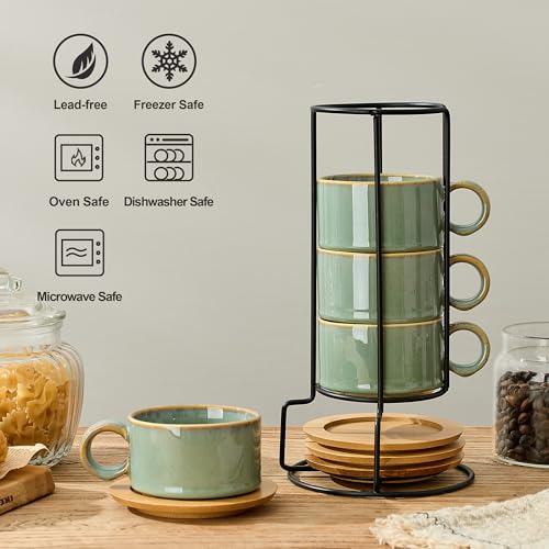 LUKA 6 Ounce Porcelain Stackable Espresso Cups with Saucers and Metal Stand Set of 4, Ceramic Cappuccino Cups Set for Specialty Coffee Drinks, Latte, Cafe Mocha and Tea, Wild Sage Earth - color: Wild Sage Earth