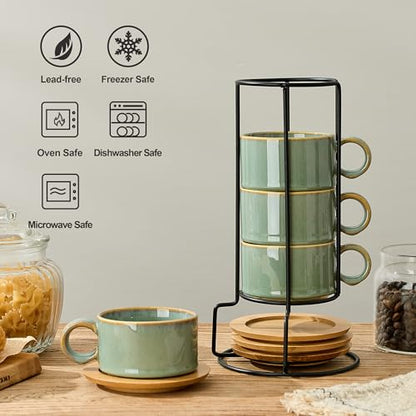 LUKA 6 Ounce Porcelain Stackable Espresso Cups with Saucers and Metal Stand Set of 4, Ceramic Cappuccino Cups Set for Specialty Coffee Drinks, Latte, Cafe Mocha and Tea, Wild Sage Earth - color: Wild Sage Earth