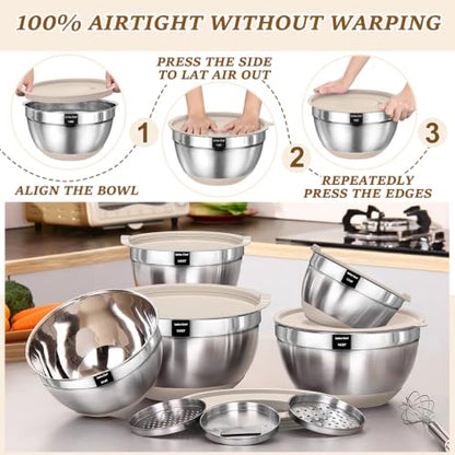 Umite Chef Mixing Bowls with Airtight Lids Set, 8PCS Stainless Steel Nesting Bowls with Grater Attachments, Non-Slip Bottoms, 5, 4, 3.5, 2, 1.5QT for Mixing & Serving - color: Khaki