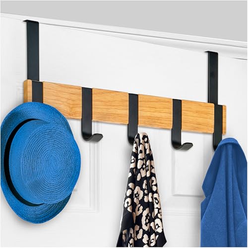 LYNK PROFESSIONAL® HOME™ Over Door Hooks Rack - 5 Hook Over Door Hanger - Over Door Towel Rack - Hanging Towels or Clothes - For Bathroom, Bedroom or Laundry Room – Lifetime Ltd. Warranty - Black/Wood - color: Black J Hook