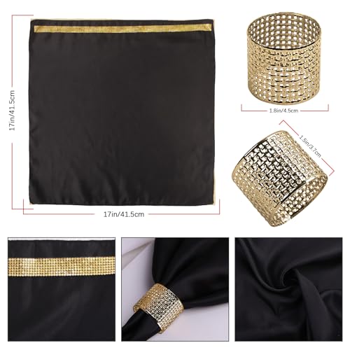 12 Pack Cloth Napkins and Gold Napkin Rings Set of 6, 17x17 Bling Trim Satin Cocktail Napkins Cloth Washable Personalized Dinner Napkins for Wedding Party Holiday Decorative | 17x17 Inch Personalized Black Napkins Set, Washable Fancy Dinner & Cocktail Nap