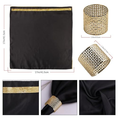12 Pack Cloth Napkins and Gold Napkin Rings Set of 6, 17x17 Bling Trim Satin Cocktail Napkins Cloth Washable Personalized Dinner Napkins for Wedding Party Holiday Decorative | 17x17 Inch Personalized Black Napkins Set, Washable Fancy Dinner & Cocktail Nap