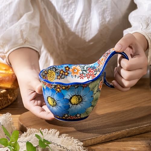 High-Fired Stoneware Loop-Handle Mug - 18oz Food-Safe Ceramic Soup Bowl, Hand-Painted Floral Design, Microwave & Dishwasher Safe Coffee Mug for Breakfast, Oatmeal & Soup - color: Blue Daisy Garden