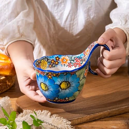 High-Fired Stoneware Loop-Handle Mug - 18oz Food-Safe Ceramic Soup Bowl, Hand-Painted Floral Design, Microwave & Dishwasher Safe Coffee Mug for Breakfast, Oatmeal & Soup - color: Blue Daisy Garden