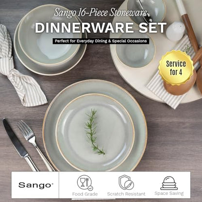 Sango 16-Piece Stoneware Dinnerware Set for 4, Glossy Cream/Green Big Dinner Plates and Bowls Sets with Reactive Glaze, Ceramic Dish Set, Modern Dishes, Microwave & Dishwasher Safe, Resona Moss - color: Green/Cream, size: 16-Piece Set
