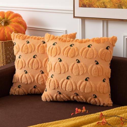 Kevin Textile Fall Pumpkins Pillow Covers 18x18 Inch Set of 2 Autumn Embroidery Decorative Square Pillowcases Soft Faux Fur Cushions Harvest Gift for Couch Sofa Chair Bedroom Halloween, Light Orange - color: Light Orange Pumpkin, size: 18" x 18" (Pack of
