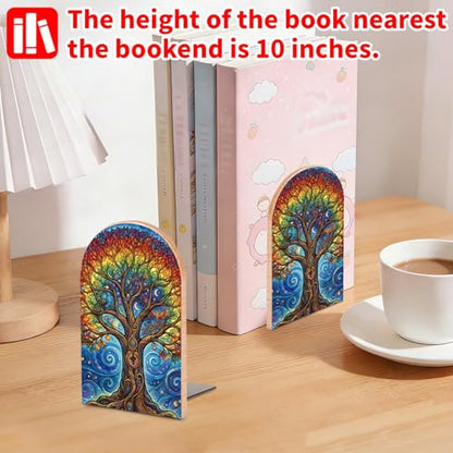 Tree of Life Wooden Bookends, Book Ends for Shelves | 1 Pair 5"x3.15" Decorative Wood Book Supports, Cute Shelf Stoppers for Heavy Books, Office Desk, Study Room & Home Decor - style: Tree of Life