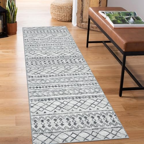 KUTA Boho Washable Runner Rug 2x5 ft Grey Moroccan Runners for Hallways | Non-Slip, Non-Shedding, Low Pile, Ultra Soft Geometric Floor Rugs for Hallway Kitchen Entryway Bedroom Laundry Foyer - color: Grey, size: 2' x 5' (Runner)