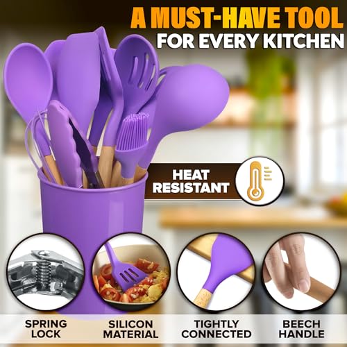 12 Pcs Purple Kitchen Accessories Set with Holder, Silicone Heads | Purple Kitchen Utensils Set for Cooking and Baking; Wooden Handles; Heat-Resistant up to 446°F; Non-Scratch for Nonstick Pans - color: Purple
