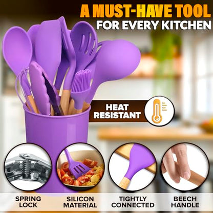 12 Pcs Purple Kitchen Accessories Set with Holder, Silicone Heads | Purple Kitchen Utensils Set for Cooking and Baking; Wooden Handles; Heat-Resistant up to 446°F; Non-Scratch for Nonstick Pans - color: Purple