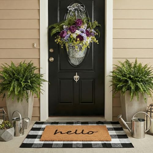 2-Piece Layered Front Doormat Set, Hello Natural Coco Coir Door Mat + 28"x43" Black and White Buffalo Plaid Rug, Non-Slip Backing Outdoor Entryway Decor for Front Porch, Patio, Home - color: Hello - Black and White Plaid
