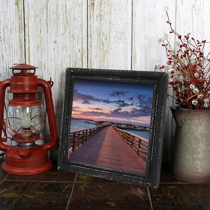 8x8 Picture Frame Made of Solid Wood High Definition Glass Rustic Antique Designs Small Photo Frame for Tabletop Display and Wall Mounting, Distress Black - color: Distress Black B, size: 8" X 8"