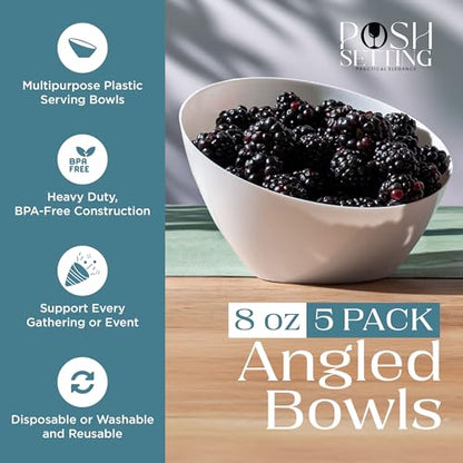 5 Pack White Angled Plastic Serving Bowls Disposable for Party Table 8oz | Angled Bowl Design. Chip, Candy, Salad & Fruit Use. Disposable Party Tableware. Buffet & Wedding Serving. White Plastic. - color: White, size: Small 8 OZ