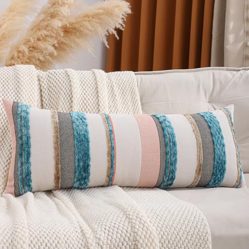 Coastal Lumbar Throw Pillow Cover 14x36 Boho Decor Turquoise Blue | 1 Piece,Durable Fabric,Stripe Pillow Cover,Farmhouse Cushion Case,Chenille Pillow Case,Neutral Pillowcase for Sofa Couch Bed - color: Blue Stripe, size: 36" x 14" (Pack of 1)