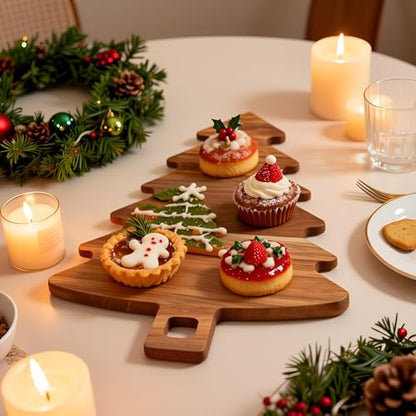 Christmas Tree Cutting Board Wood, Christmas Tree Shaped Charcuterie Board with Handle, Acacia Wood Christmas Tree Wooden Serving Tray, Christmas Gift Decor