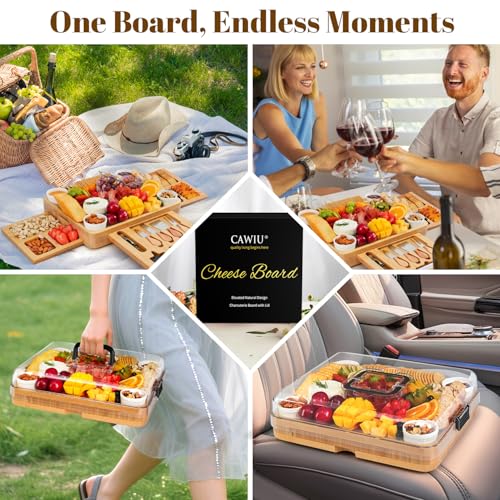 Large Bamboo Charcuterie Board Set with Lid, Drawers, Black | Includes serving utensils and a fruit tray for easy entertaining; ideal for housewarmings, weddings and bridal showers. - color: Black