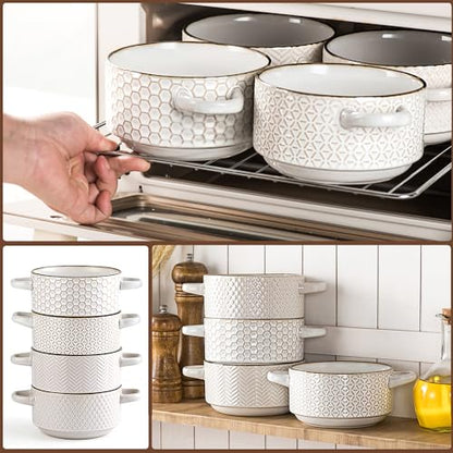 Ceramic Soup Bowls Set - 27 Oz French Onion Soup Crocks with Handles | Embossed Stoneware Bowls for Soup Cereal Beef Stew Chili - Microwave Dishwasher Oven Safe - Set of 4 - color: White