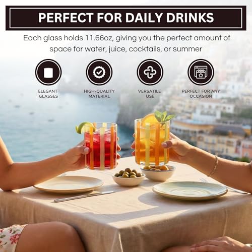 Capri Italian Design Cylindrical Tumblers, 2 Set Olive & Orange Summer Glasses Modern Cups for Water Juice Cocktail Iced Beverage Kitchen Bar Table Drinkware Entertaining Home Decor Housewarming Gifts