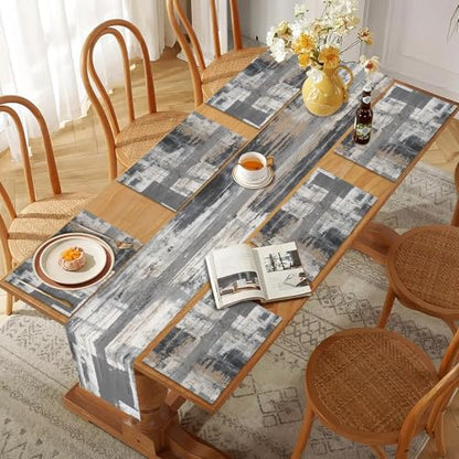 Mcalk Grey Table Runner and Placemats Set of 6, Abstract Black Placemats, Modern Cloth Place Mats Indoor for Kitchen,Washable Linen Material for Dining Table - color: 01grey1