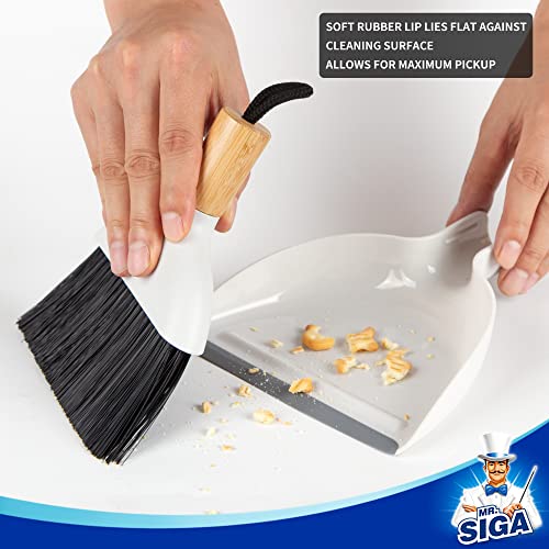 MR.SIGA Mini Dustpan and Brush Set, Bamboo Handle, White, 1 Set | Portable cleaning brush and dustpan combo, handheld brush and dustpan combo with hanging loop - color: White