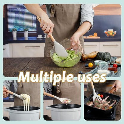 QMVESS Silicone Kitchen Utensils Set, 35 Pcs Non-Stick Cooking Utensils Set, Sturdy Insulation Wooden Handle Kitchen Accessories for Cooking with Spatula Set and Spoons Set Gadgets (Khaki) - color: Khaki