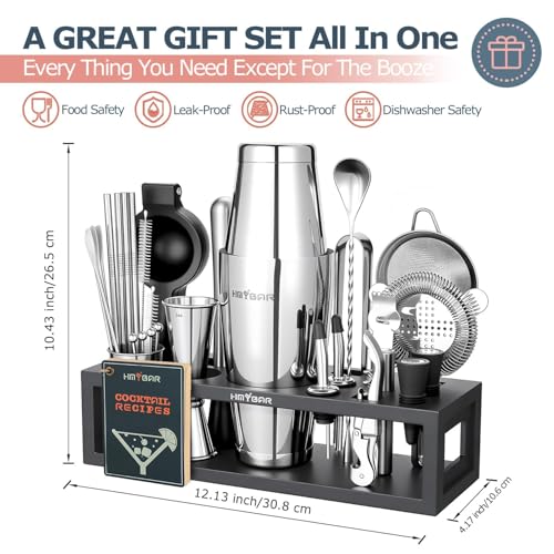 HMYBAR® Bartender Kit with Black Bamboo Stand, 31-Piece Cocktail Shaker Set, 20/28 oz Boston Shaker Set for Home Bar, Mixology Bar Tool Set with 39 Recipe Cards - color: Black